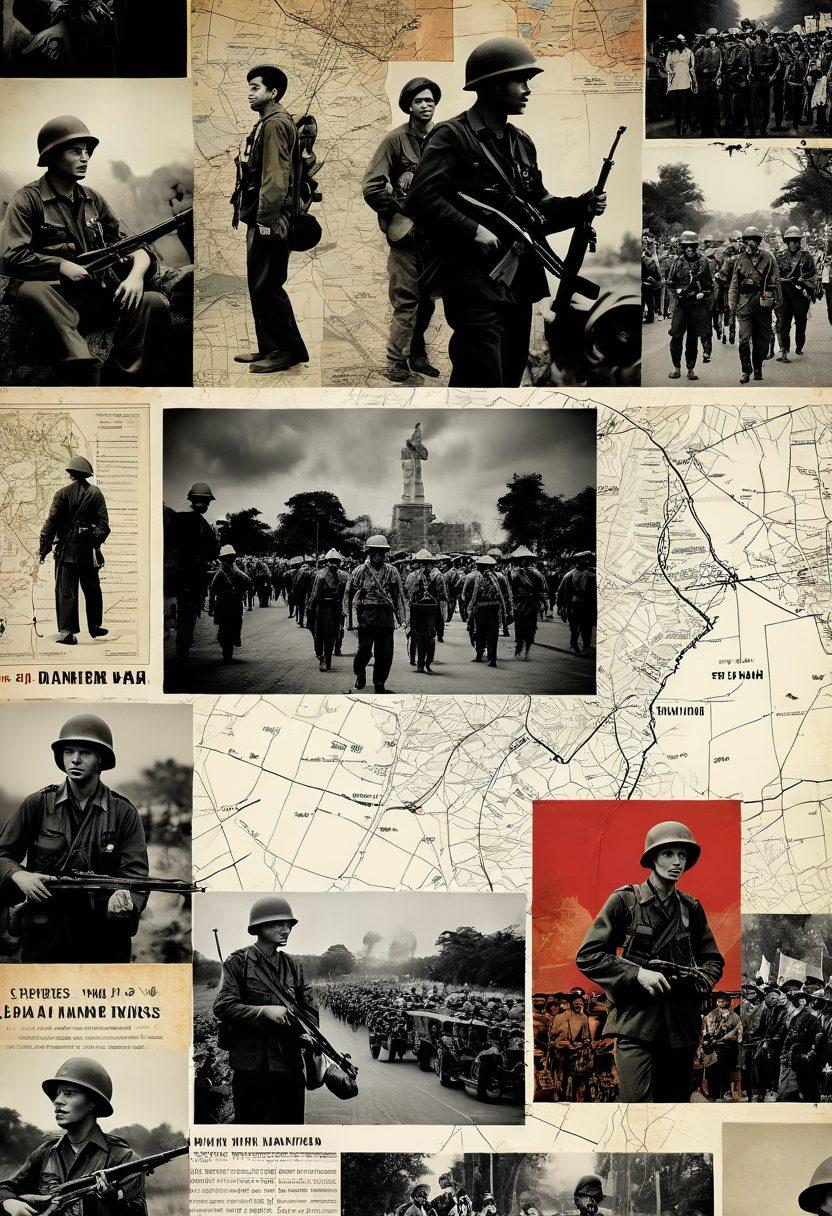 A vintage-style lens focusing on a layered collage of iconic images from the Vietnam War, including protestors, soldiers, and cultural symbols like music and art. The background features a faded map of Vietnam and the United States, representing the war's geographical significance. The color scheme should evoke a sense of nostalgia with muted tones and hints of vibrant color in the cultural elements. Blurred edges to create a dreamlike effect. retro photography collage.
