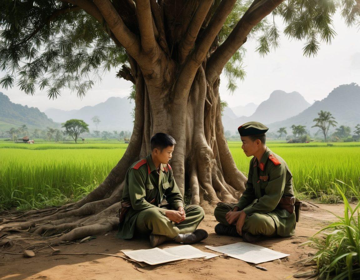 A poignant scene depicting a Vietnamese soldier sharing stories with a child under a lush green tree, with faded photographs and handwritten letters scattered around them, symbolizing untold experiences of war. The background features a subtle silhouette of a rice field and distant mountains, enhancing the atmosphere of reflection and memory. Emphasize warm, earthy tones to evoke nostalgia. super-realistic. vibrant colors. warm tones.
