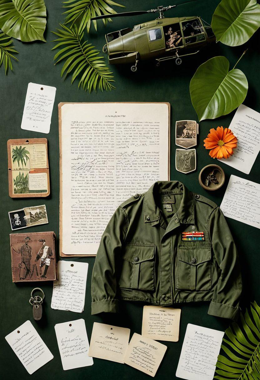 A collage of personal artifacts from the Vietnam War era, such as a soldier's dog tags, a diary, and vintage photographs, intertwined with lush jungle backgrounds and an iconic helicopter silhouette. Soft lighting to evoke nostalgia and emotion, highlighting both personal stories and historical significance. The image should invite exploration of the stories behind each item. super-realistic. warm tones. textured background.